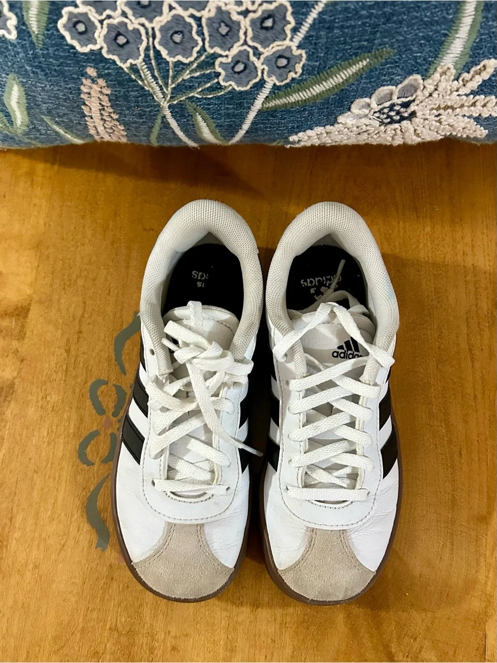 adidas Kids White Sneakers with Black Stripes and Brown Outsole
